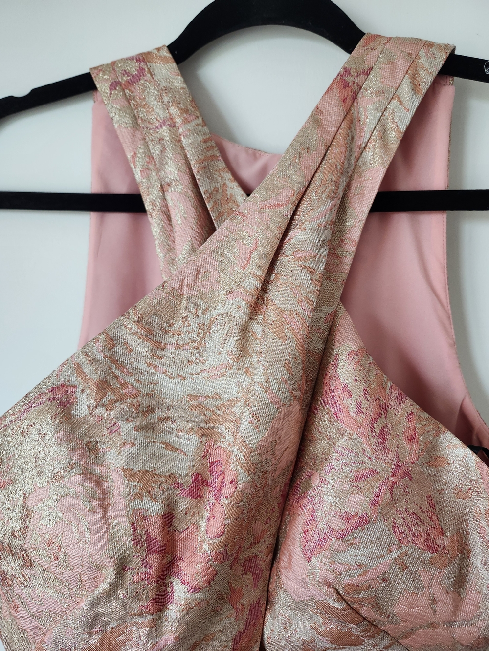 Vince Camuto Pink Metallic Brocade Crisscross Mini Dress - Picture 5 of 16